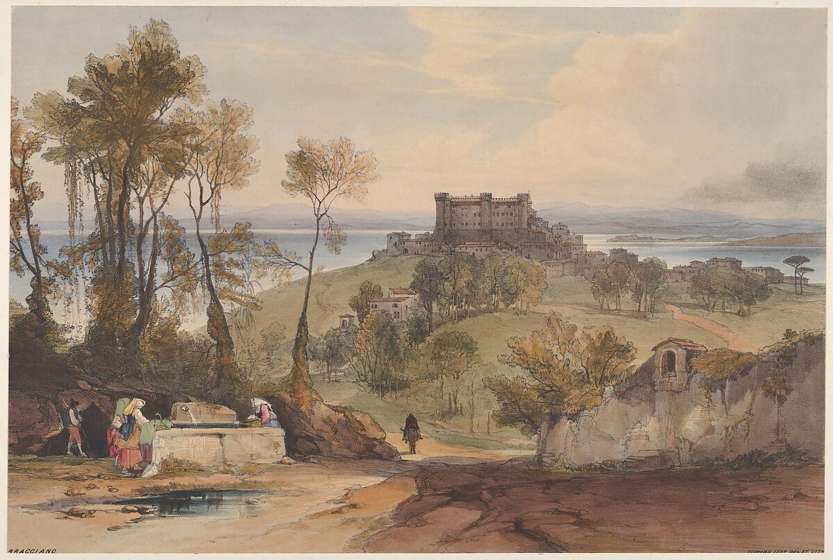 Bracciano (Views of Rome and Its Environs, plate 2), Edward Lear (British, London 1812–1888 San Remo), Hand-colored lithograph 
