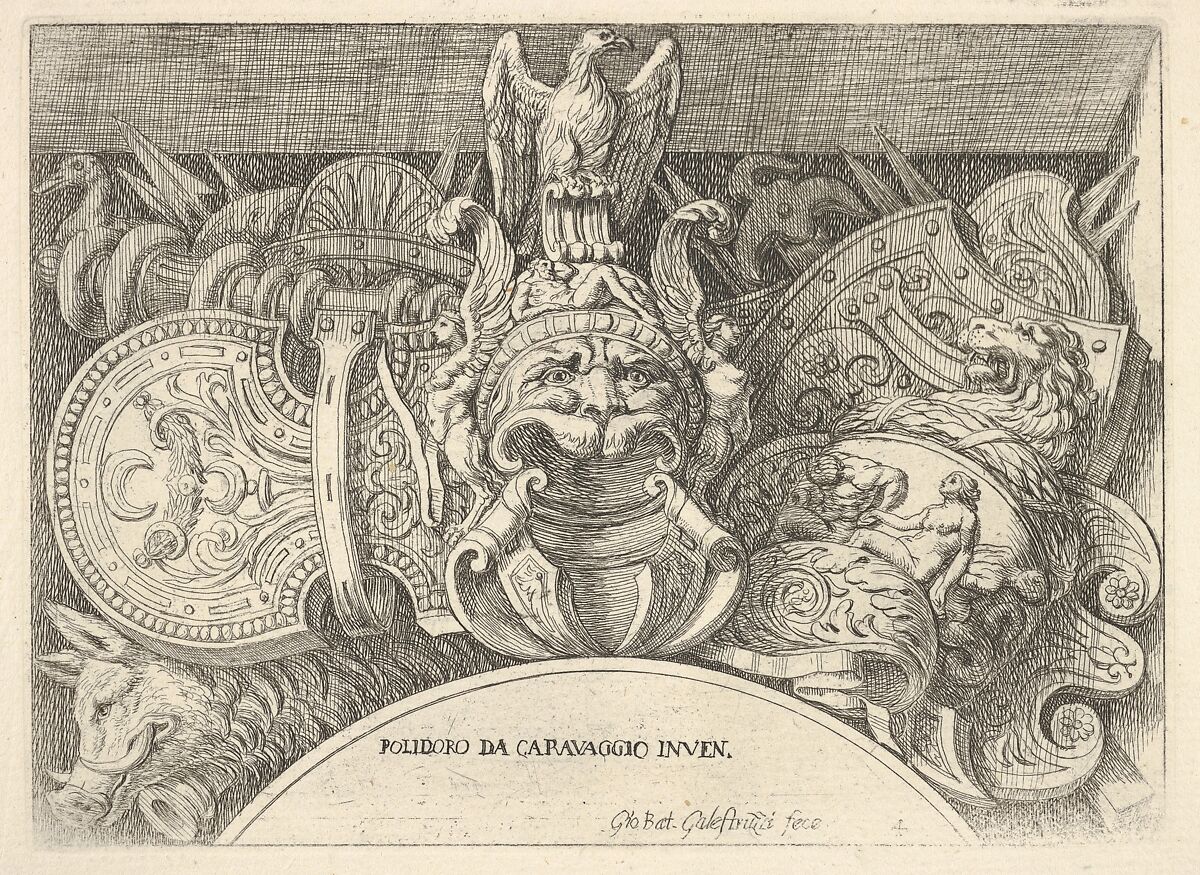 Plate 4: trophies of Roman arms from decorations above the windows on the second floor of the Palazzo Milesi in Rome, Giovanni Battista Galestruzzi (Italian, Florence, 1615 or 1618–after 1669), Etching; second state 