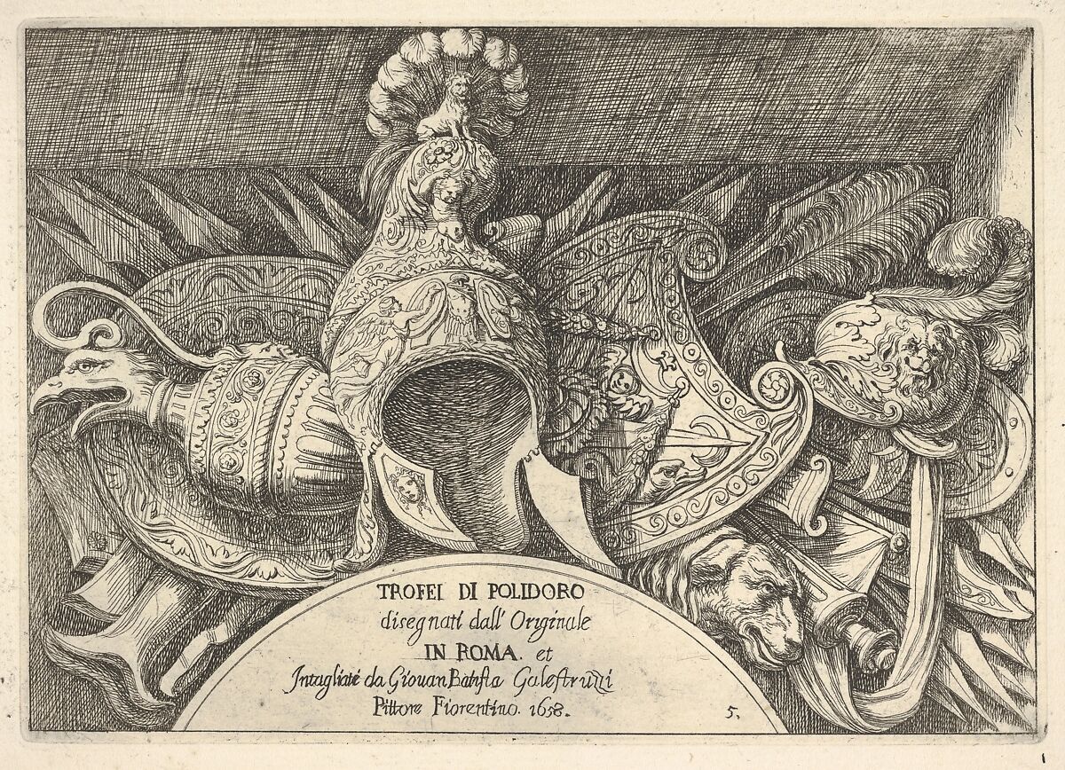 Plate 5: trophies of Roman arms from decorations above the windows on the second floor of the Palazzo Milesi in Rome, Giovanni Battista Galestruzzi (Italian, Florence, 1615 or 1618–after 1669), Etching; second state 