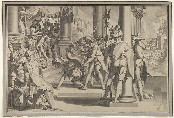 Allegory of Justice (Sanctity of the Law) with a court scene depicting a man being pardoned by a judge, plate XII from 