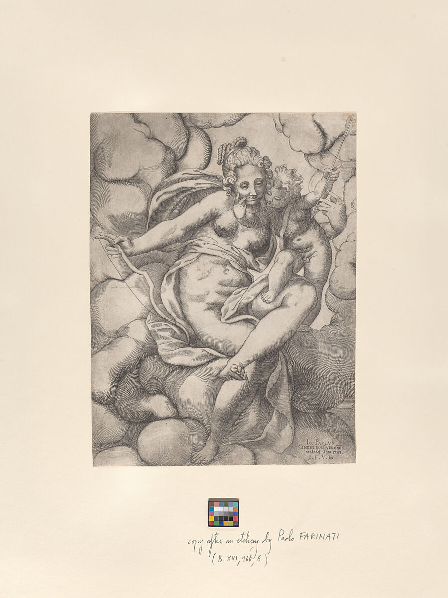 Venus and Cupid in the Clouds, Giovanni Paolo Cimerlino (Italian, 1534/35–after 1609), Engraving