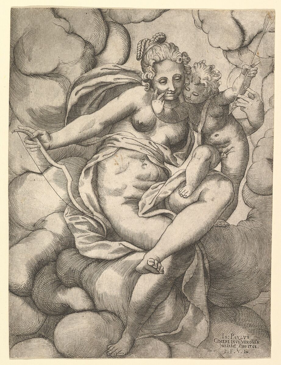 Venus and Cupid in the Clouds, Giovanni Paolo Cimerlino (Italian, 1534/35–after 1609), Engraving 