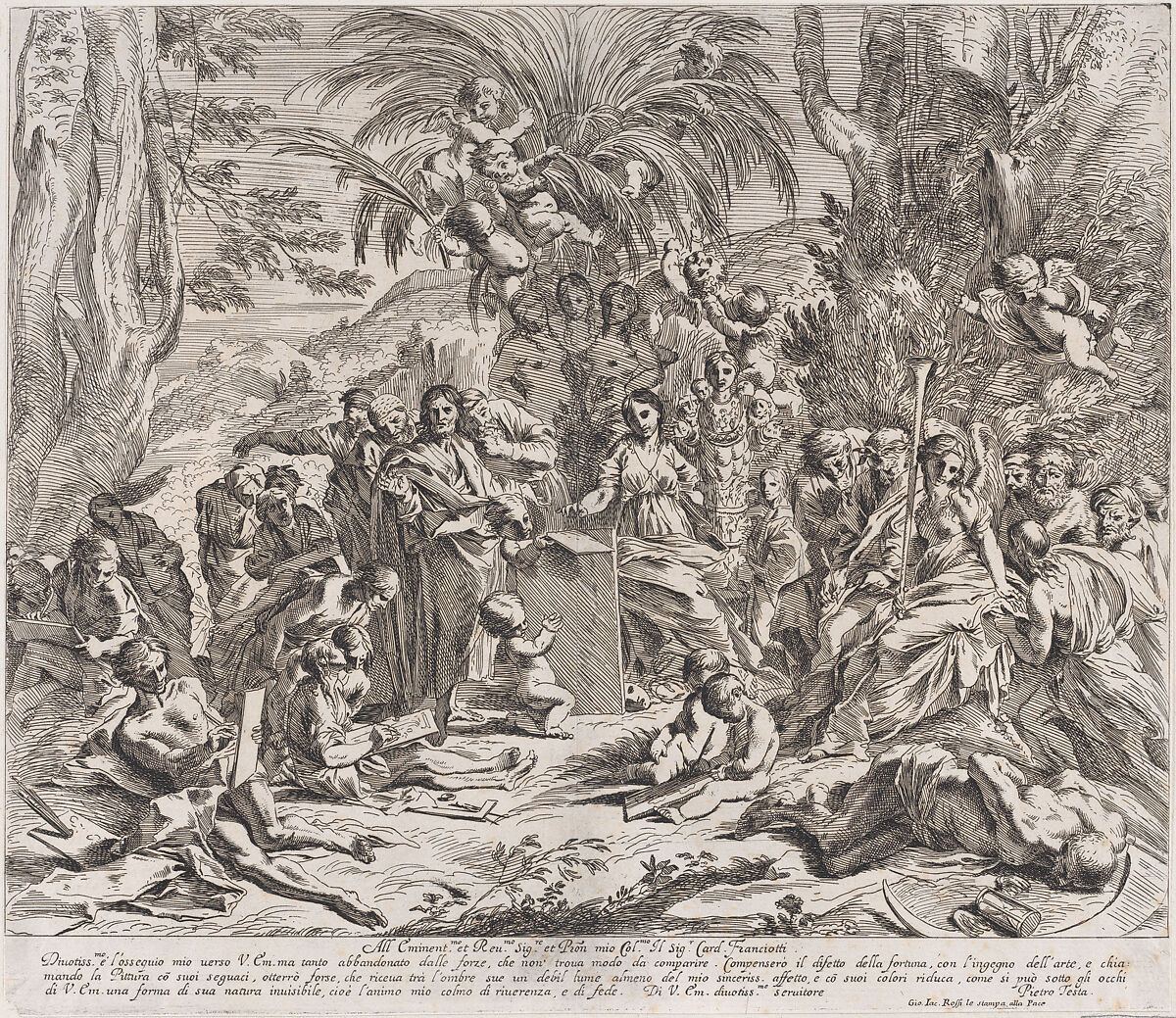 An allegory of painting, who as a child in the centre left draws on a tablet, surrounded by figures, many of whom are drawing, Pietro Testa (Italian, Lucca 1612–1650 Rome), Etching 