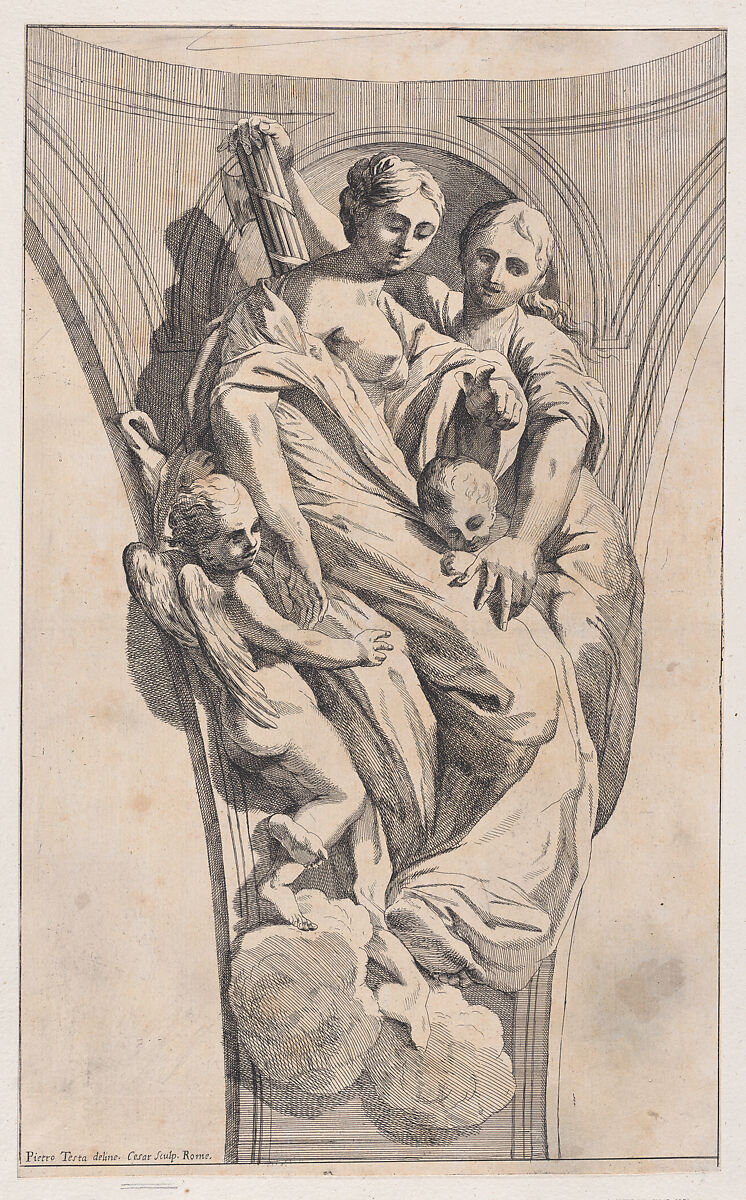 Study for a pendentive depicting Justice and Charity, Giovanni Cesare Testa (Italian, ca. 1630–1655), Etching 