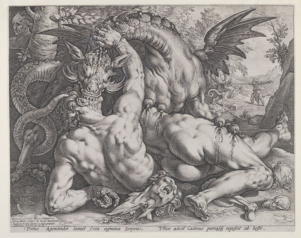 The Dragon Devouring  the Companions of Cadmus, Hendrick Goltzius (Netherlandish, Mühlbracht 1558–1617 Haarlem), Engraving; first state of two 