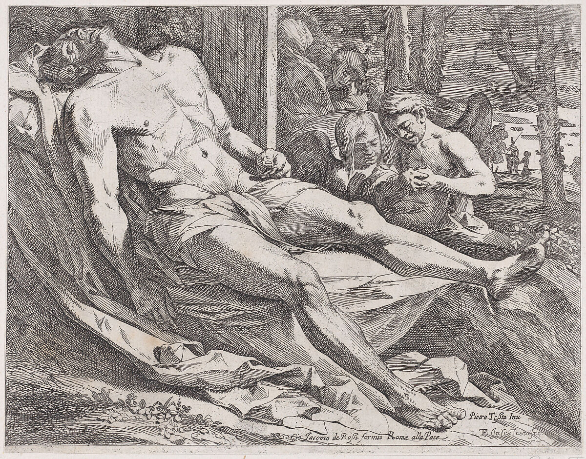 The dead Christ accompanied by angels at right, Giovanni Cesare Testa (Italian, ca. 1630–1655), Etching 