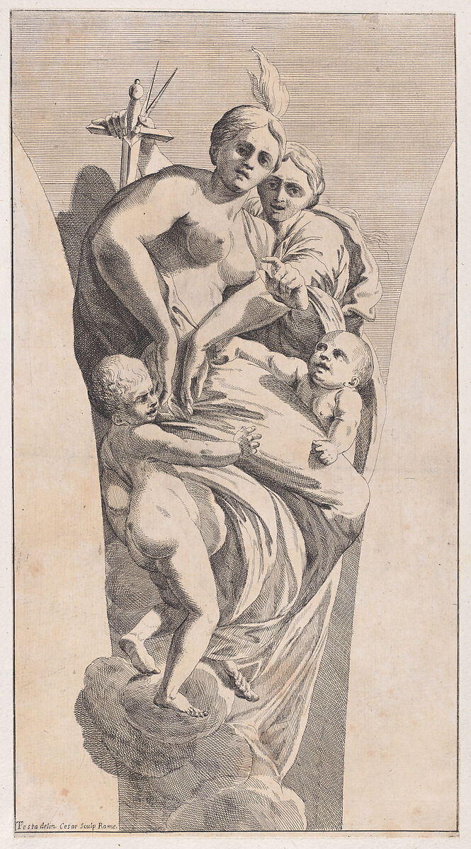 Study for a pendentive depicting Justice and Charity, Giovanni Cesare Testa (Italian, ca. 1630–1655), Etching 