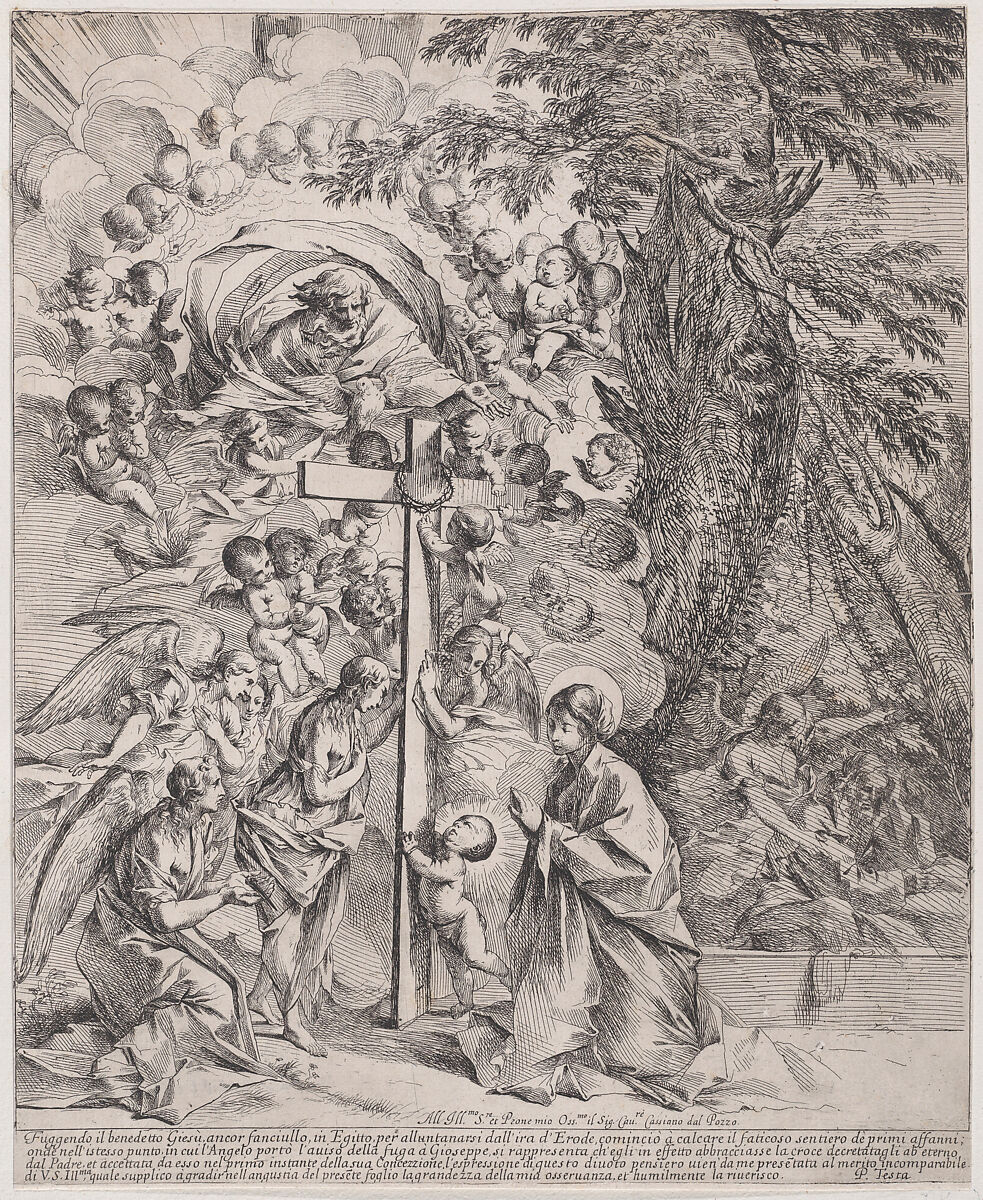 The dream of St Joseph, who is sleeping at the right, the Virgin and Child by a cross surrounded by angels and many putti and with God the Father above, Pietro Testa (Italian, Lucca 1612–1650 Rome), Etching 
