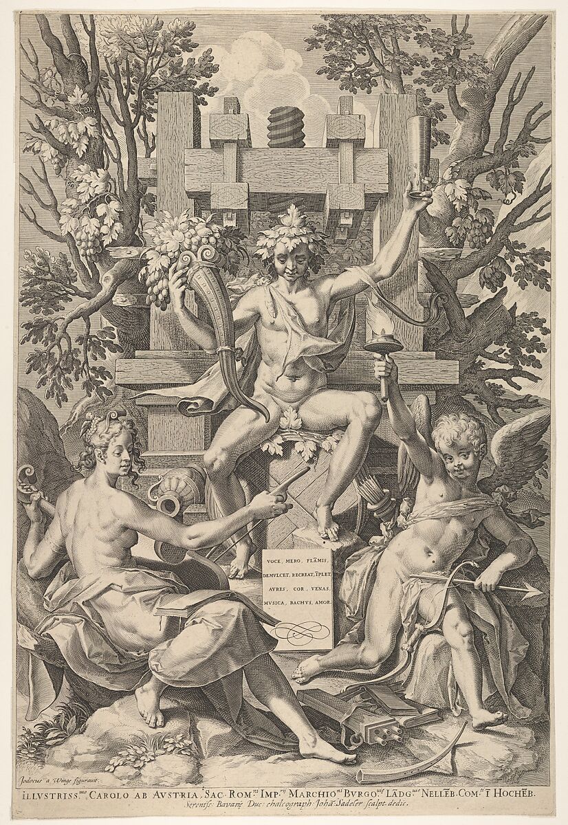 Bacchus, Music, Amor, Johann Sadeler I (Netherlandish, Brussels 1550–1600/1601 Venice), Engraving 