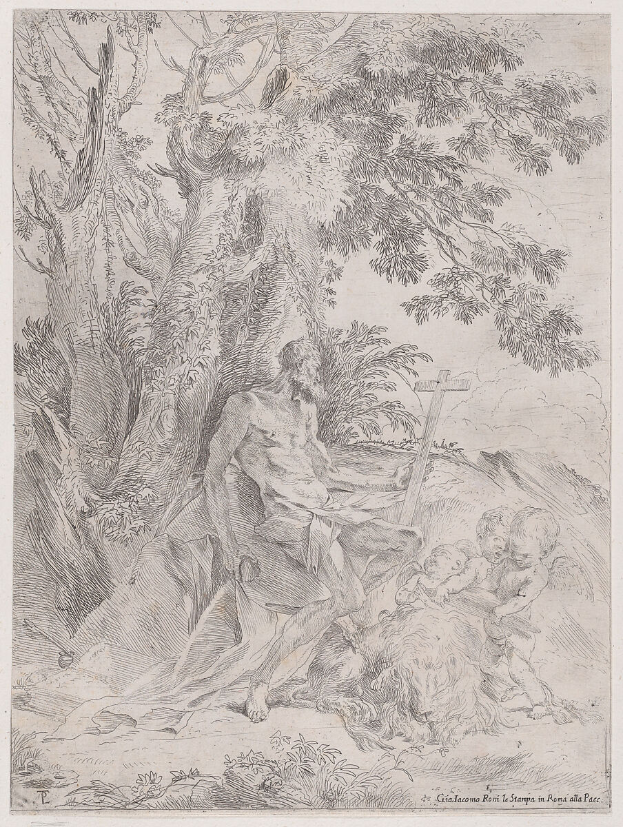 Saint Jerome before a crucifix accompanied by a lion and three putti, Pietro Testa (Italian, Lucca 1612–1650 Rome), Etching 