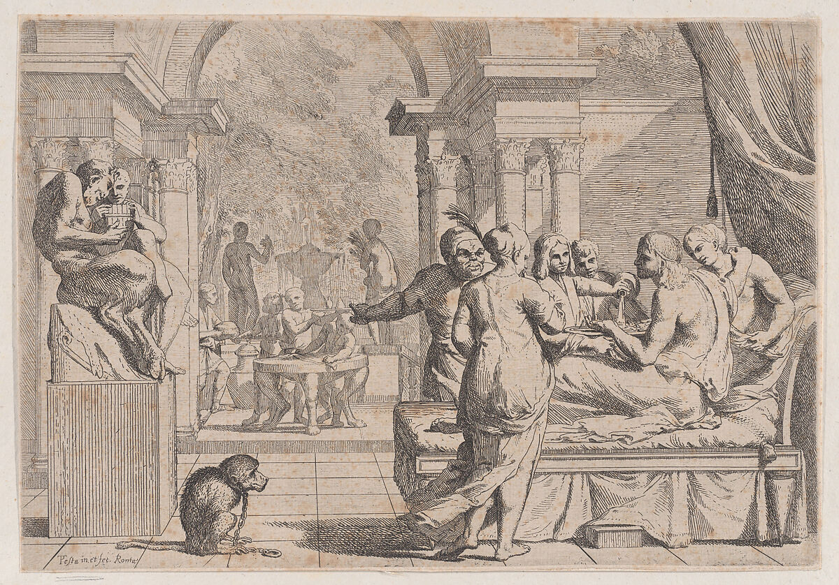 The prodigal son seated on a couch being served wine, revelers in the background, a monkey wearing a collar and chain in the lower left, from a series of four prints, Pietro Testa (Italian, Lucca 1612–1650 Rome), Etching 