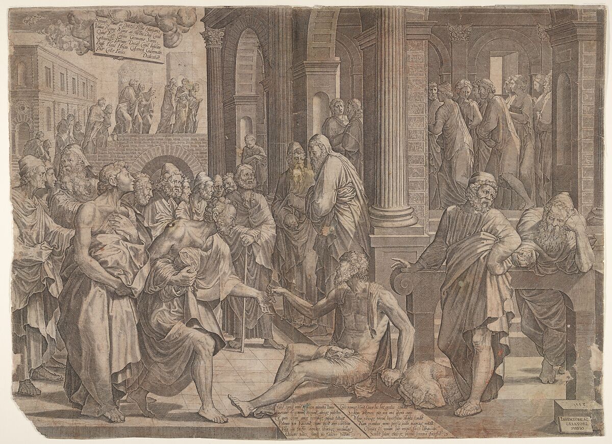 Saint John and Saint Peter Healing the Cripple, Lambert Suavius (Netherlandish, ca. 1510–by 1576), Engraving; second state of two 