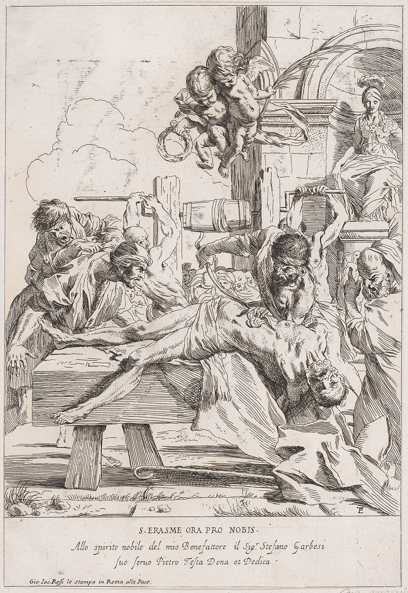 The martyrdom of Saint Erasmus who is prostrate having his innards removed, Anonymous, 17th century, Etching 