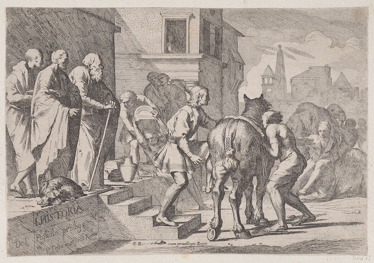 The departure of the prodigal son, shown at about to mount his horse, from a series of four prints, Pietro Testa (Italian, Lucca 1612–1650 Rome), Etching 