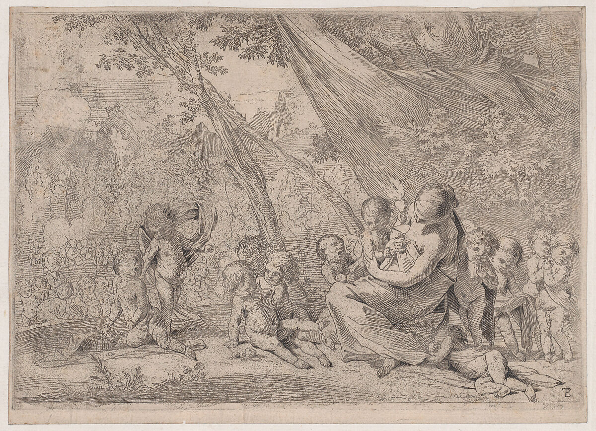 The garden of charity, woman representing Charity at right surrounded by children, Pietro Testa (Italian, Lucca 1612–1650 Rome), Etching 