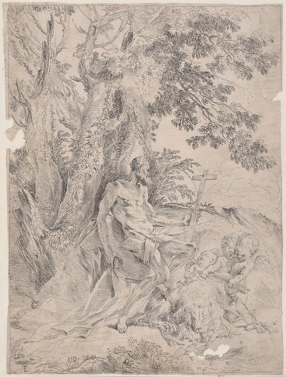 Saint Jerome before a crucifix accompanied by a lion and three putti, Pietro Testa (Italian, Lucca 1612–1650 Rome), Etching 