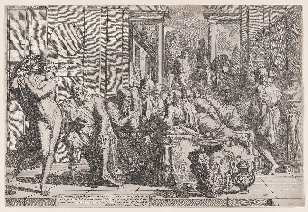 Plato's symposium: Socrates and his companions seated around a table discussing ideal love interruputed by Acibiades at left, Pietro Testa (Italian, Lucca 1612–1650 Rome), Etching 
