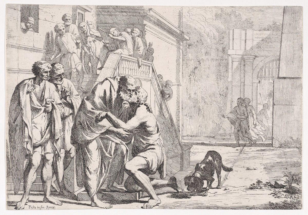 The Return of the Prodigal Son, Shown Embracing His Son, Pietro Testa (Italian, Lucca 1612–1650 Rome), Etching 