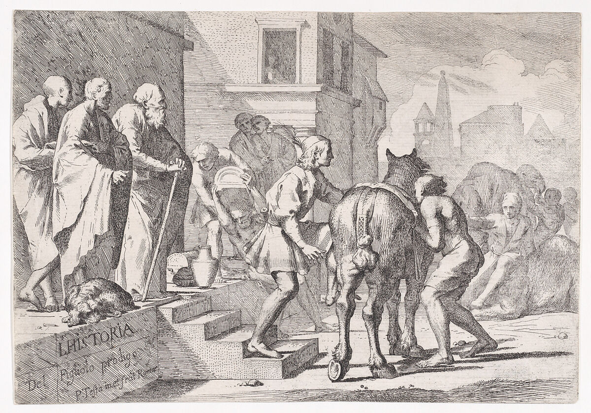 The Departure of the Prodigal Son, Shown About to Mount a Horse, Pietro Testa (Italian, Lucca 1612–1650 Rome), Etching 