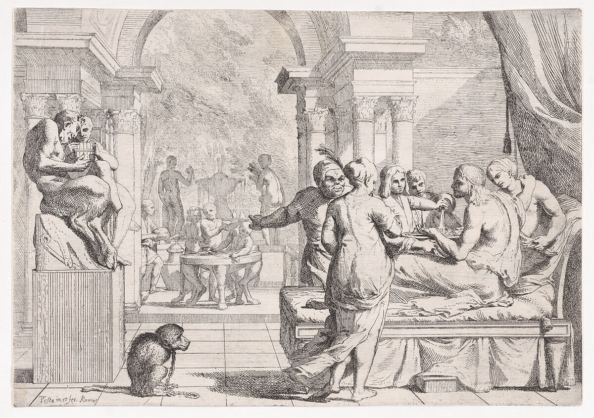 The Prodigal Son Seated on a Couch Being Served Wine, Revelers in the Background, a Monkey Wearing a Collar and Chain in the lower left, Pietro Testa (Italian, Lucca 1612–1650 Rome), Etching 