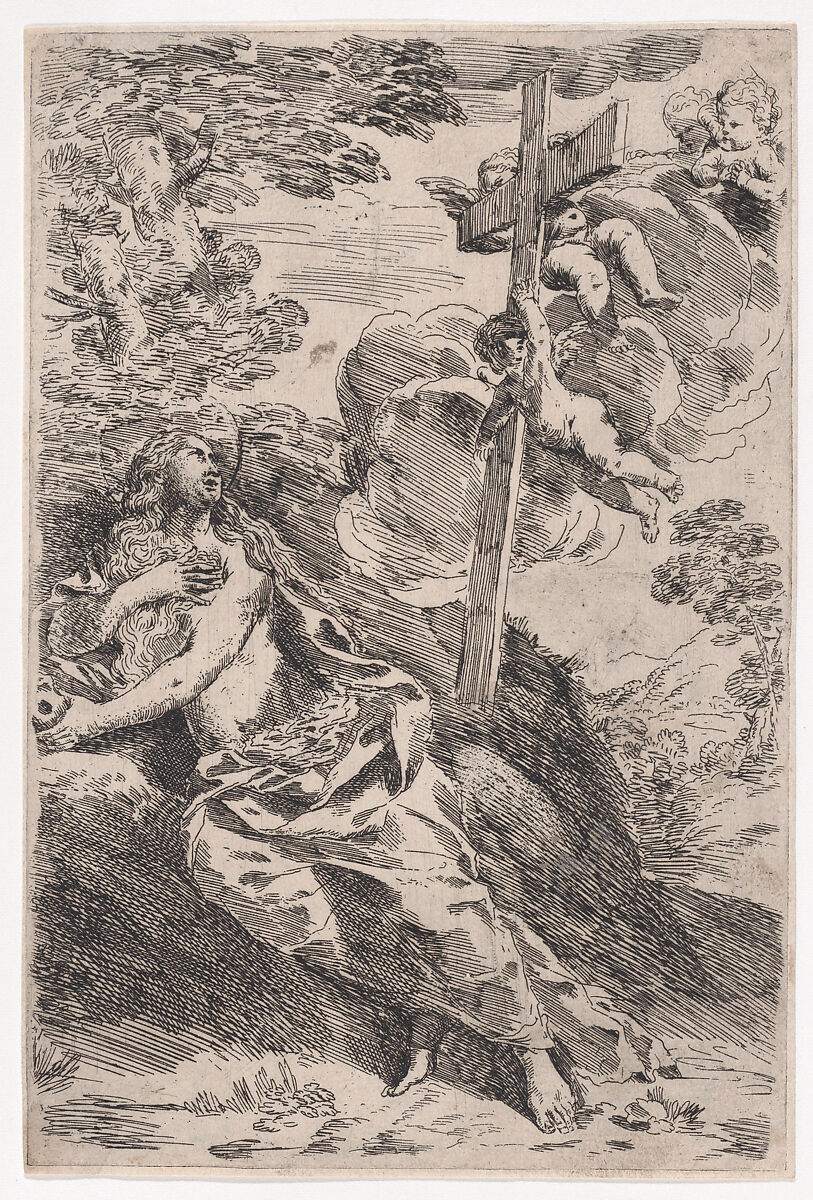 Mary Magdalene in the desert, a cross borne by angels at the right, Pietro Testa (Italian, Lucca 1612–1650 Rome), Etching 