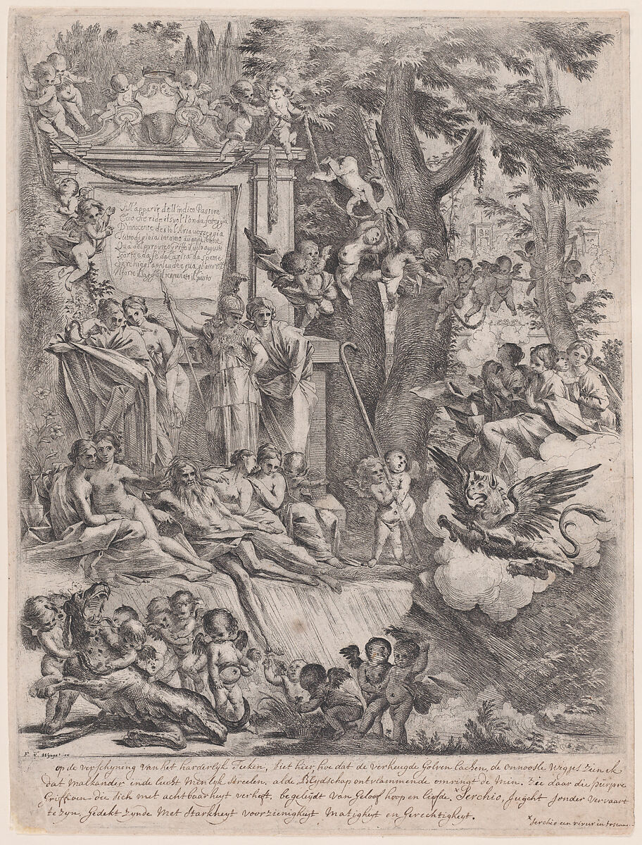 An allegory in honor of the arrival of Cardinal Franciotti as Bishop of Lucca, Pietro Testa (Italian, Lucca 1612–1650 Rome), Etching 