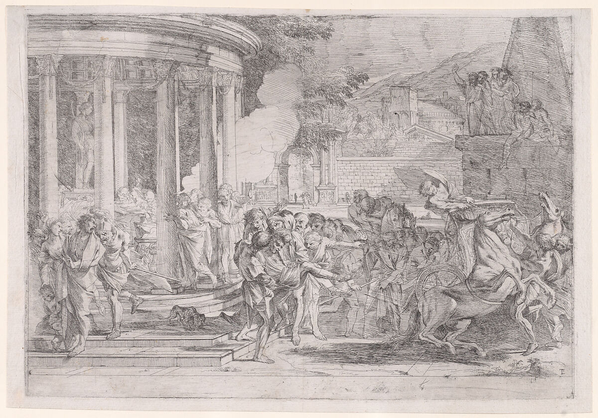 Sinorix carried from the temple of Artemis trying to escape the effects of the poisoning, Pietro Testa (Italian, Lucca 1612–1650 Rome), Etching 