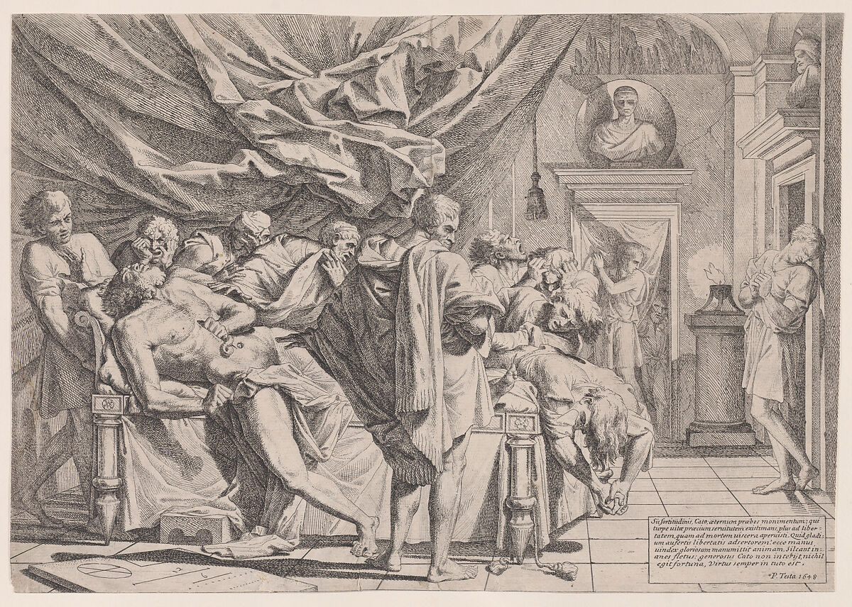 The suicide of the philosopher Cato, who lies on his bed pulling out his innards watched by horrified disciples, Pietro Testa (Italian, Lucca 1612–1650 Rome), Etching 