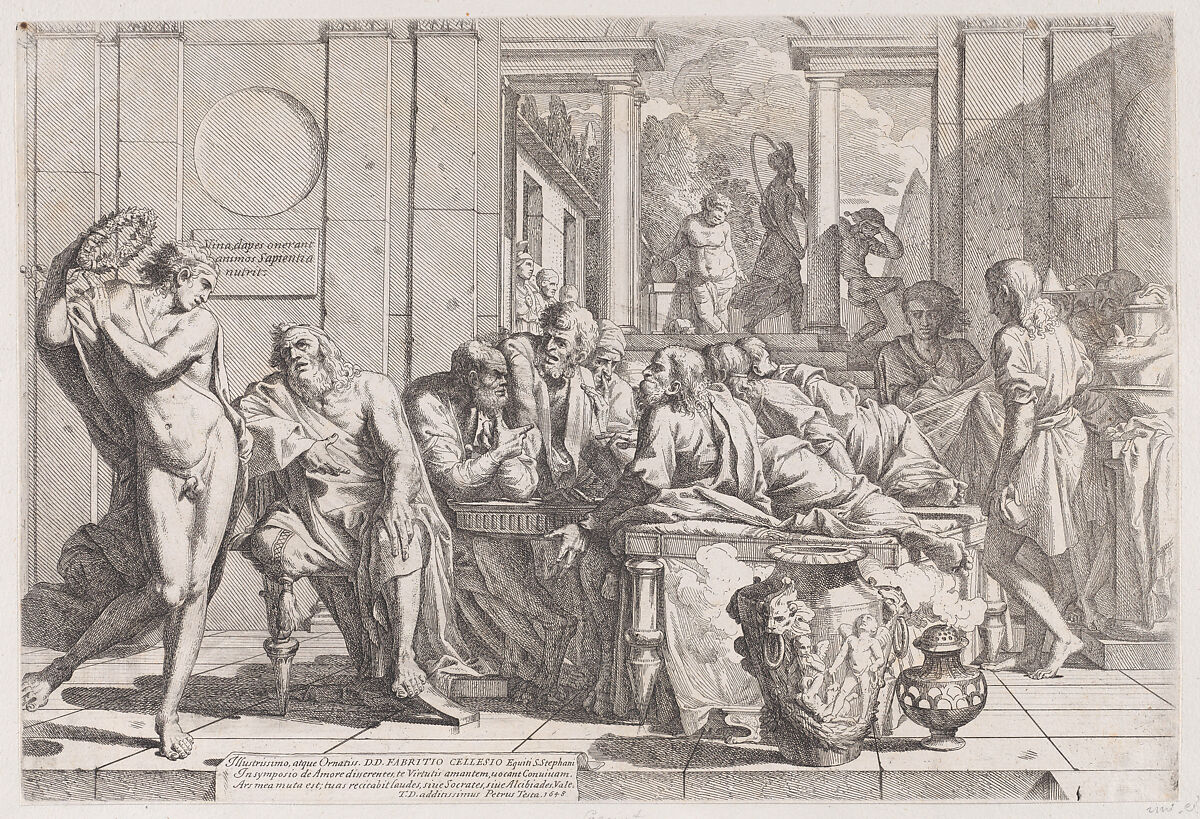 Plato's symposium: Socrates and his companions seated around a table discussing ideal love interruputed by Acibiades at left, Pietro Testa (Italian, Lucca 1612–1650 Rome), Etching 