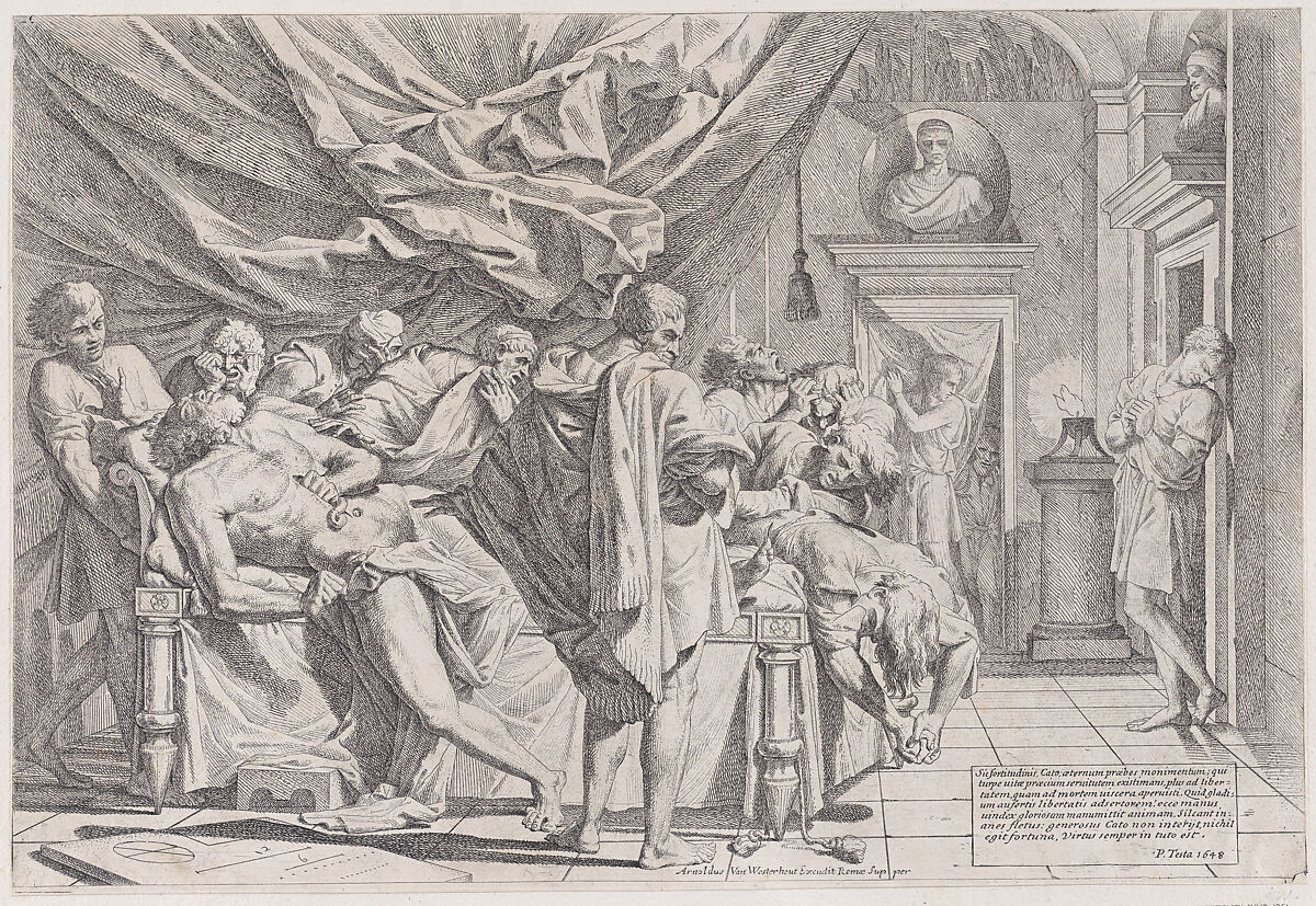 The suicide of the philosopher Cato, who lies on his bed pulling out his innards watched by horrified disciples, Pietro Testa (Italian, Lucca 1612–1650 Rome), Etching 