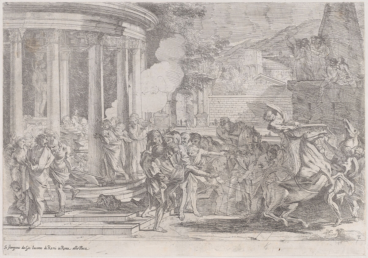 Sinorix carried from the temple of Artemis trying to escape the effects of the poisoning, Pietro Testa (Italian, Lucca 1612–1650 Rome), Etching 
