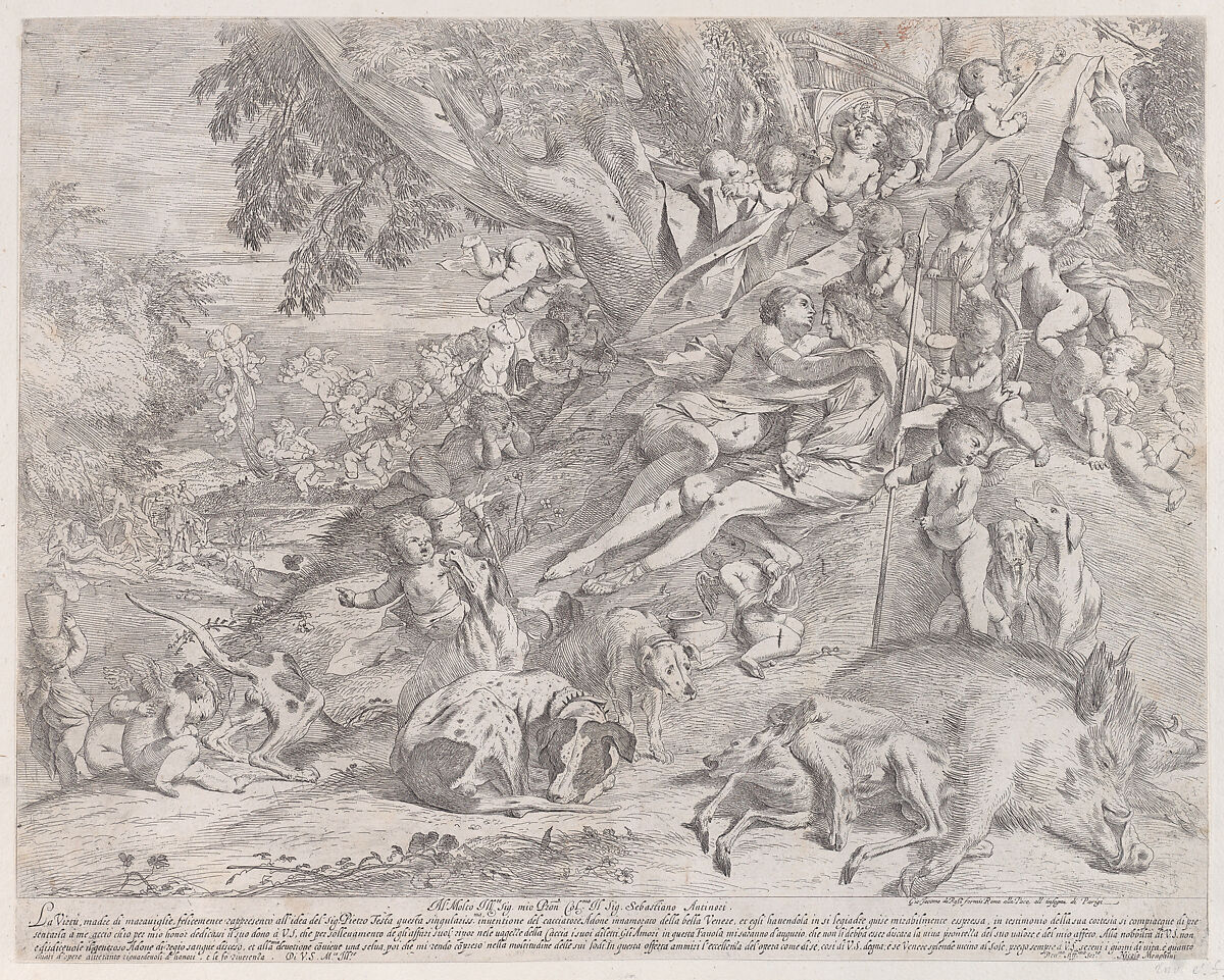 Venus and Adonis, surrounded by many putti, reclining after the hunt, with a dead boar in the lower right, Pietro Testa (Italian, Lucca 1612–1650 Rome), Etching 
