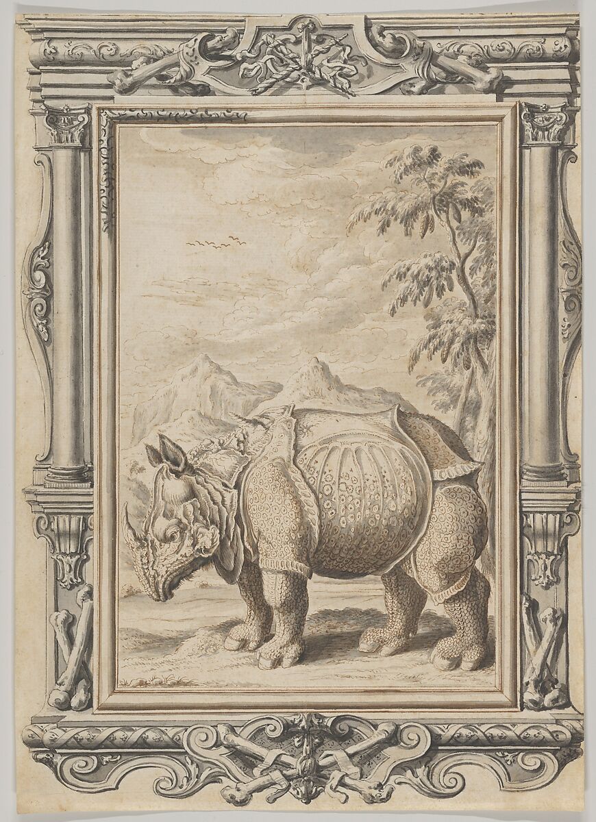 Rhinoceros in a Landscape within an Ornamental Frame, Johann Melchior Füssli (Swiss, Zurich 1677–1736 Zurich), Pen and gray, brown, and black inks, brush and gray wash 