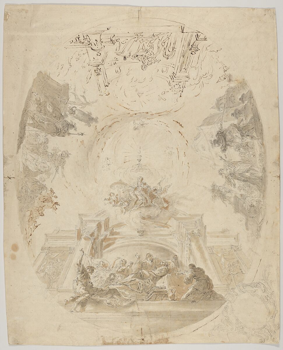 Design for a ceiling fresco with scenes from the life of Saint Barbara, Johann Baptist Enderle (German, Ulm 1725–1798 Donauwörth), Pen and brown and gray ink, brown and gray wash, black chalk 