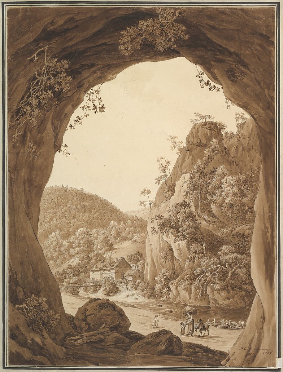 View of a Valley through a Rocky Arch, Friedrich Christian Reinermann (German, Wetzlar 1764–1835 Frankfurt am Main), Pen and black, brown wash, over graphite 