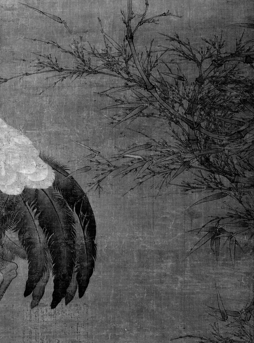 Crane in a bamboo grove, Unidentified artist Chinese, 14th–early 15th century, Hanging scroll; ink and color on silk, China