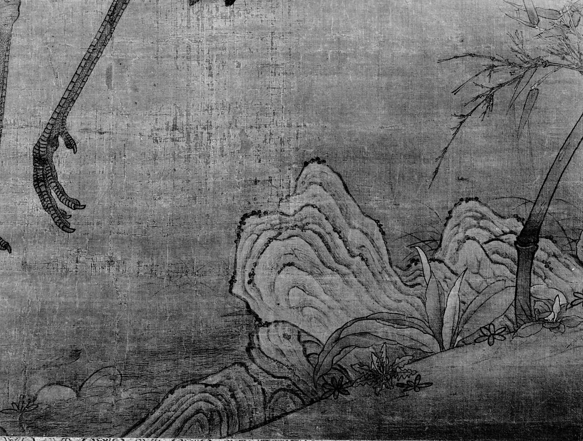 Crane in a bamboo grove, Unidentified artist Chinese, 14th–early 15th century, Hanging scroll; ink and color on silk, China