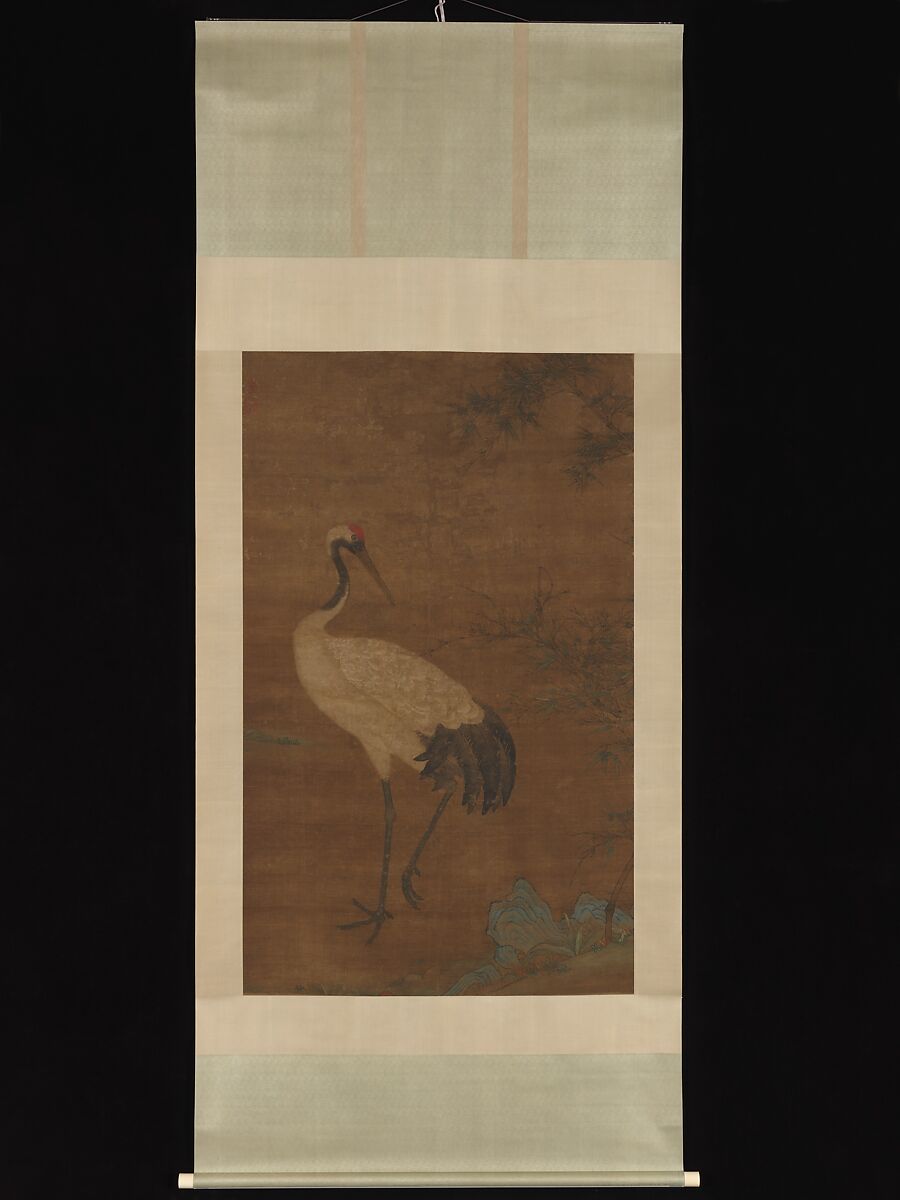 Crane in a bamboo grove, Unidentified artist Chinese, 14th–early 15th century, Hanging scroll; ink and color on silk, China
