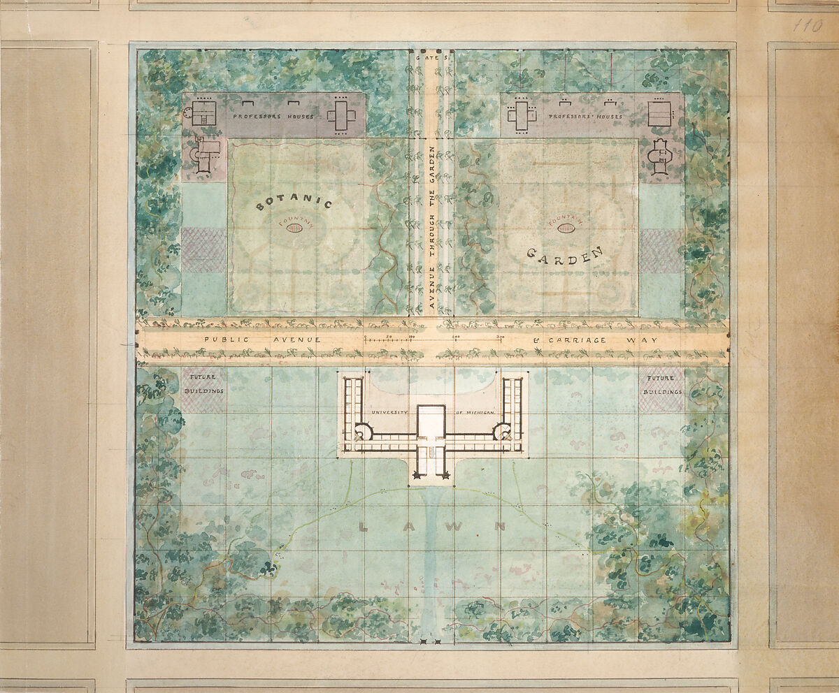 Landscape Design for University of Michigan, Alexander Jackson Davis (American, New York 1803–1892 West Orange, New Jersey), Watercolor, ink, and graphite on paper 