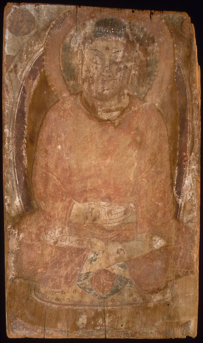 Buddha with a Halo and Flaming Body Mandorla, Water-based pigments on wood, China (Xinjiang Autonomous Region) 