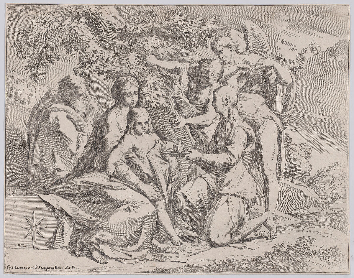The Holy Family fed by Angels, Pietro Testa (Italian, Lucca 1612–1650 Rome), Etching 