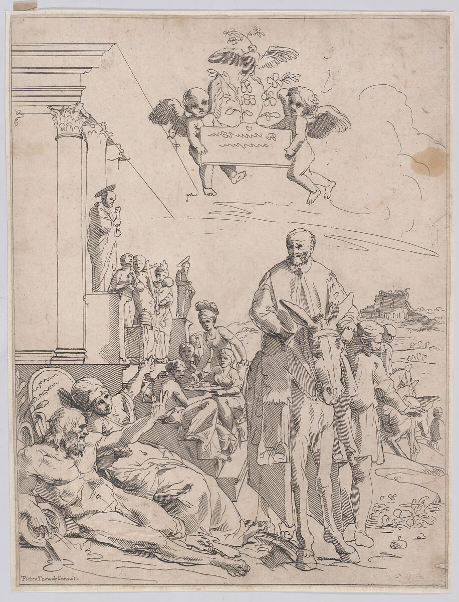 An allegory with Innocent X who is seated on horsback on the right, figures represting Rome in the lowe left, François Collignon (French, Nancy ca. 1610–1687 Rome), Etching 