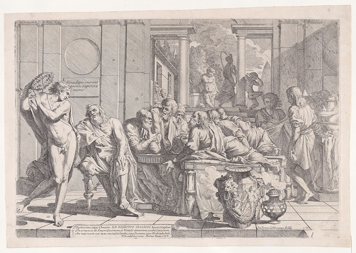 Plato's symposium: Socrates and his companions seated around a table discussing ideal love interruputed by  Acibiades at left, Pietro Testa (Italian, Lucca 1612–1650 Rome), Etching 