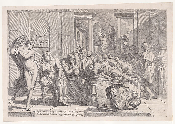 Plato's symposium: Socrates and his companions seated around a table discussing ideal love interruputed by  Acibiades at left