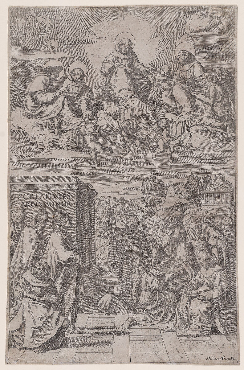 Ecclesiastics in a landscape writing, other in the heavenly realm above, Giovanni Cesare Testa (Italian, ca. 1630–1655), Etching 