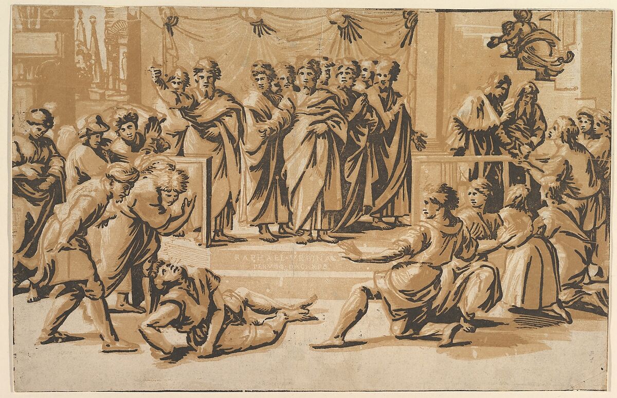 The death of Ananias, surrounded by Apostles, Ugo da Carpi (Italian, Carpi ca. 1480–1532 Bologna), Chiaroscuro woodcut from three blocks in brown 