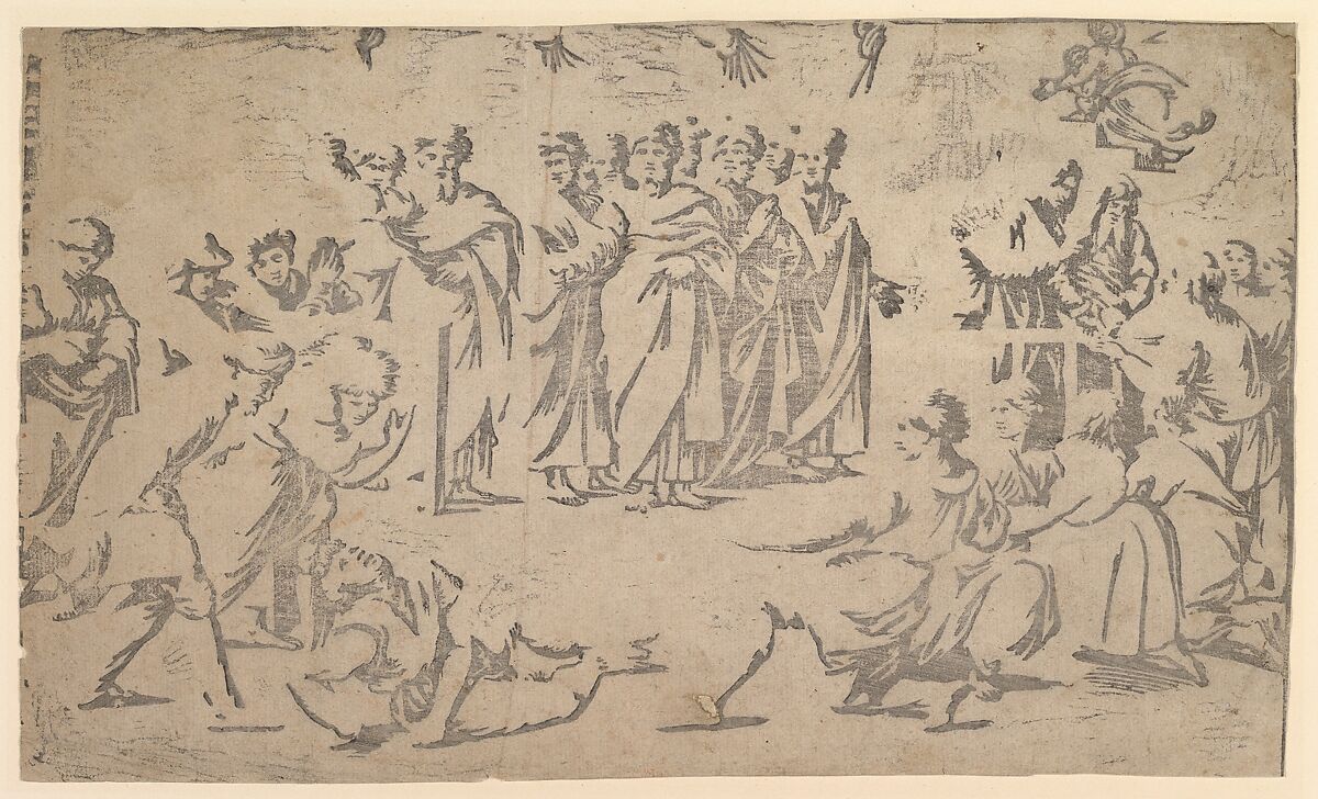 The death of Ananias surrounded by Apostles, Ugo da Carpi (Italian, Carpi ca. 1480–1532 Bologna), Woodcut, key block 