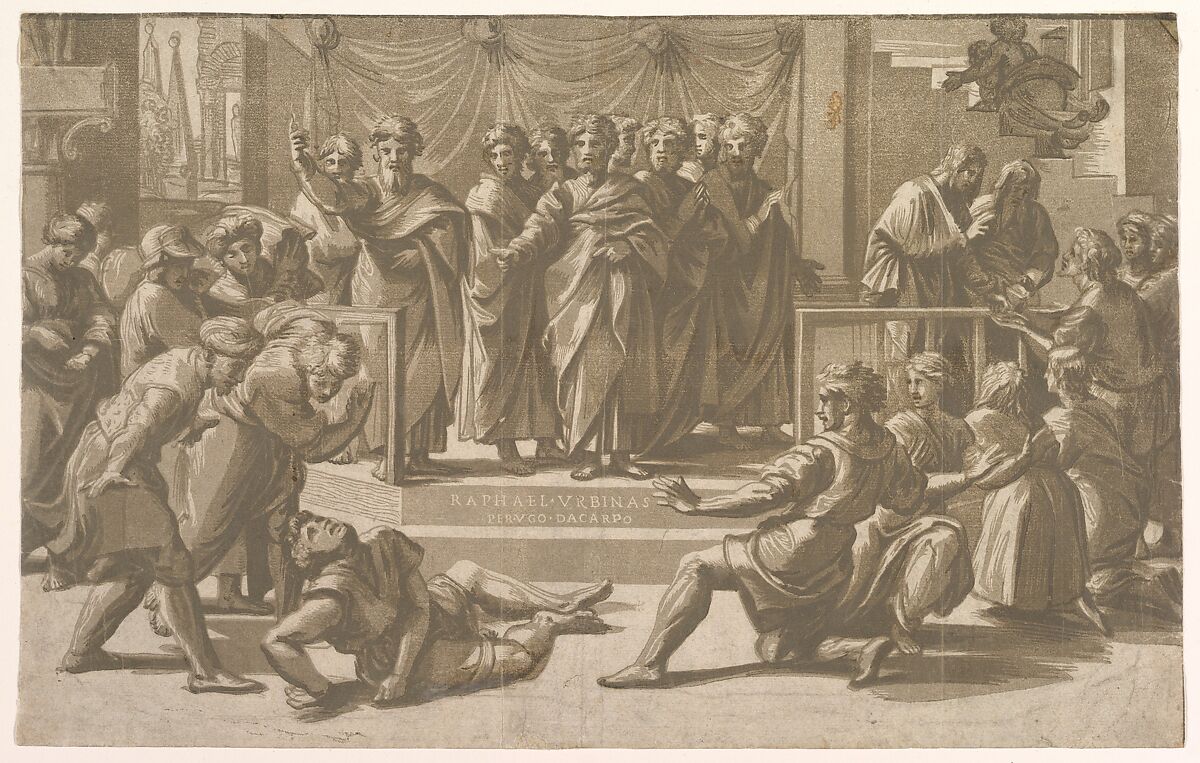 The death of Ananias, surrounded by Apostles, Ugo da Carpi (Italian, Carpi ca. 1480–1532 Bologna), Chiaroscuro woodcut from three blocks in brown 