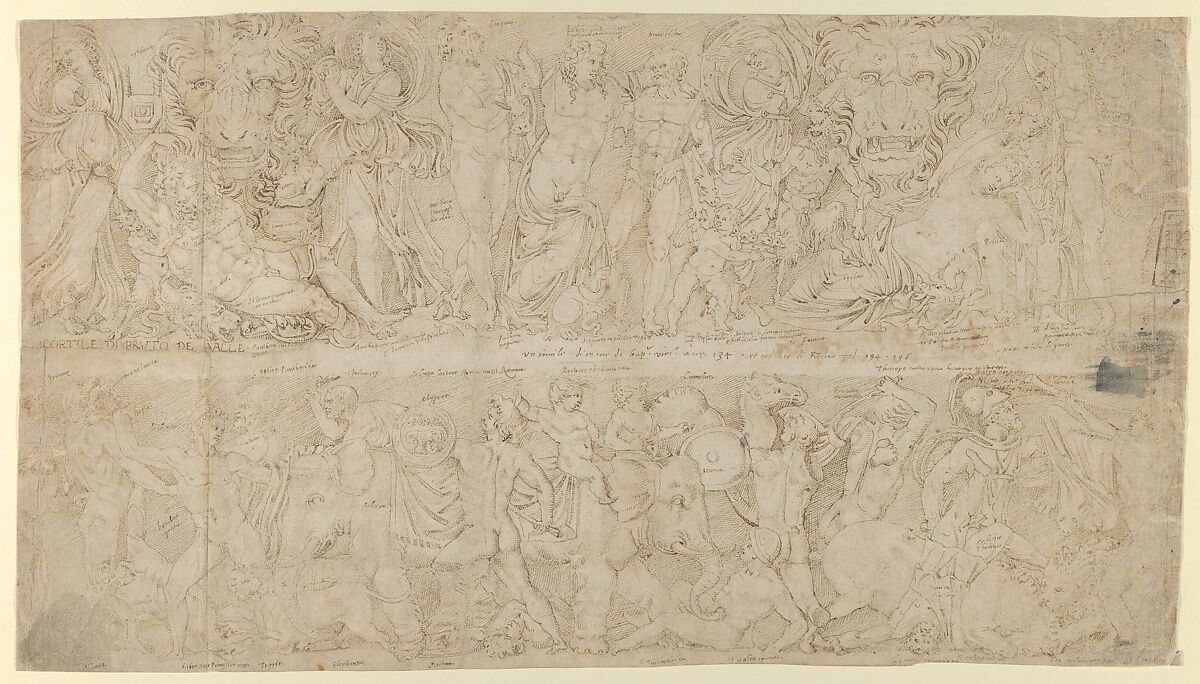 Sheet with Drawings after Roman relief decorations from objects in the Collection of Cardinal Bruto della Valle. Recto: Friezes from Roman Sarcophagi with Dyonisus; Marble Funerary Relief of Lucius Antistius Sarculo and his wife Antistia Plutia, Anonymous, Italian, 16th century, Pencil and ink on paper 