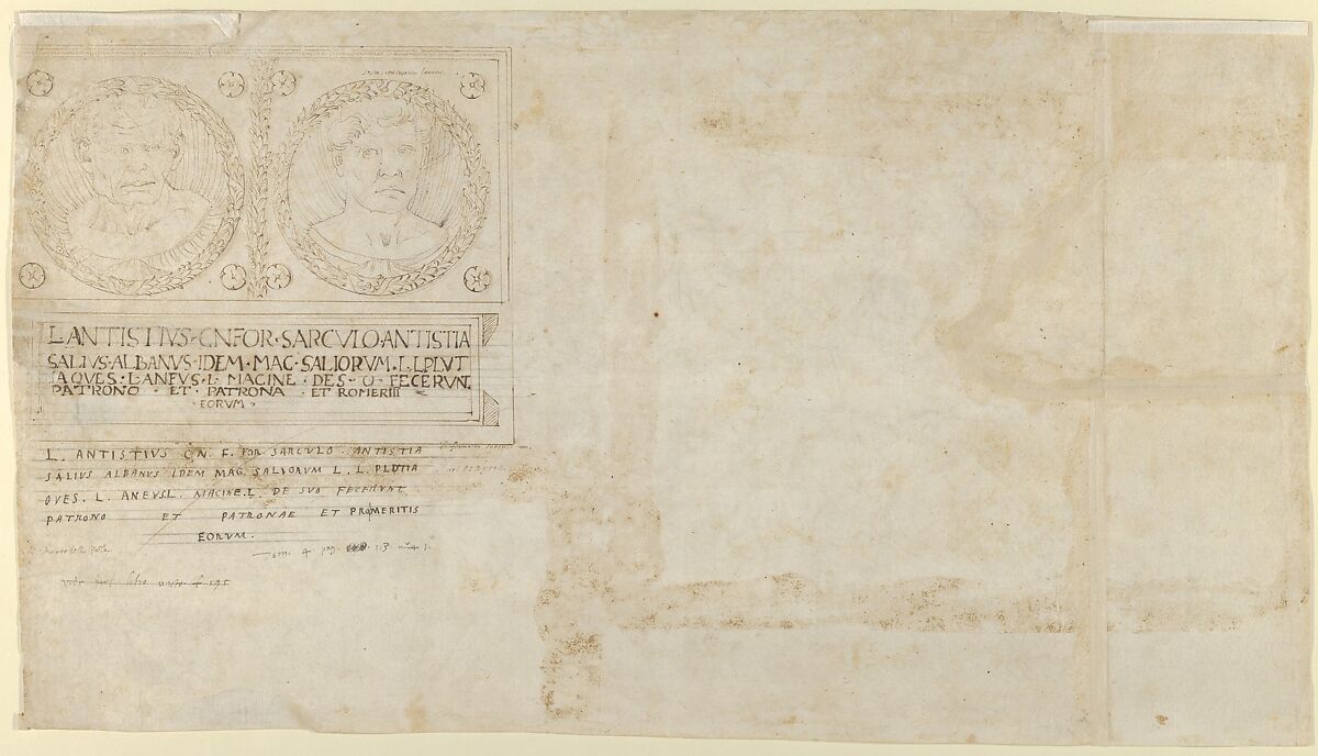 Sheet after Roman relief decorations from objects in the Collection of Cardinal Bruto della Valle: Friezes from Roman Sarcophagi with Dyonisus (verso); Marble Funerary Relief of Lucius Antistius Sarculo and his wife Antistia Plutia (recto), Anonymous, Italian, 16th century, Pencil and ink